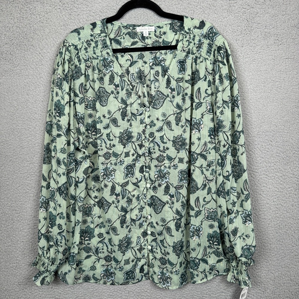 Ophelia Roe Top Womens 3X Green Paisley Floral Sheer‎ Button Office Career Fairy